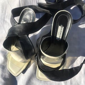 Balenciaga Crème/Black Leather Strap Tie Up Heels